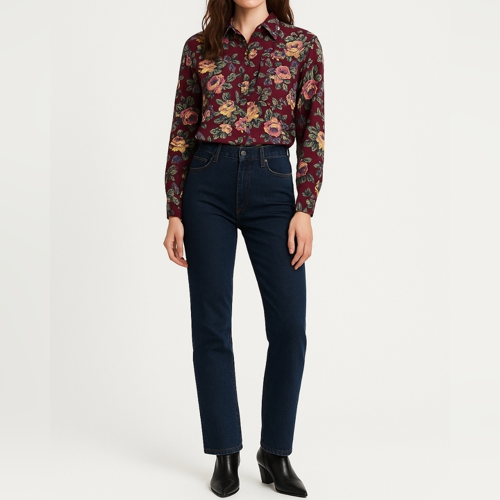 VINTAGE WHITE STAG Floral Button-Up Shirt | M | Burgundy Roses | Ret
